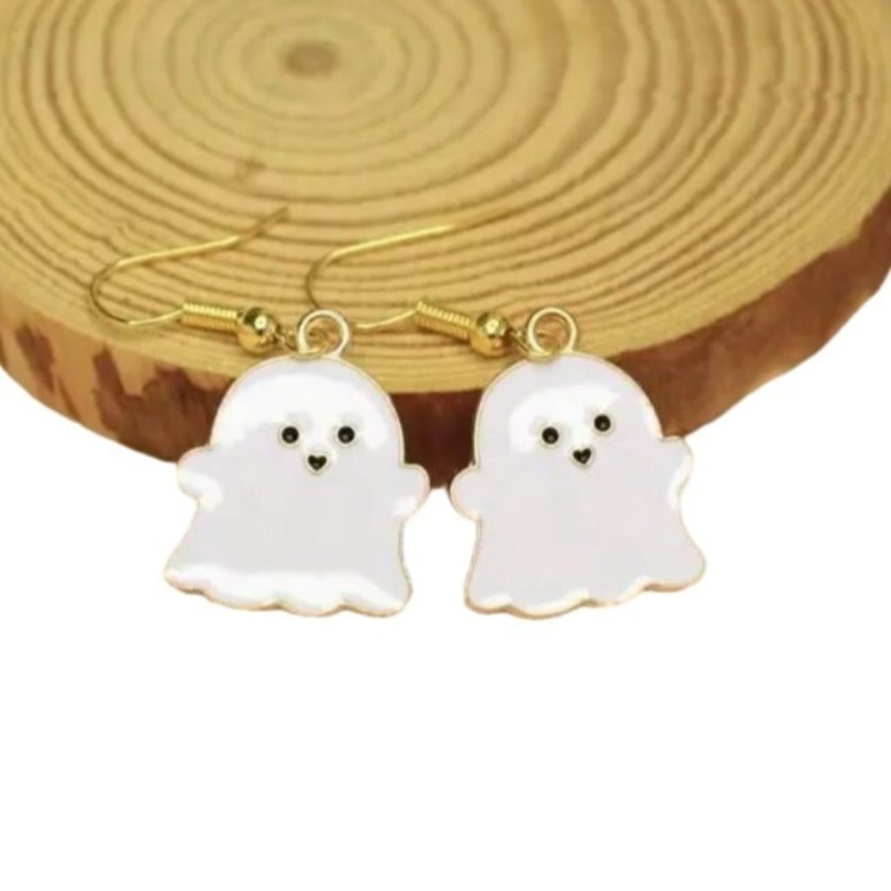 Cute Enamel Halloween Ghost Earrings White with Gold Tone Hooks